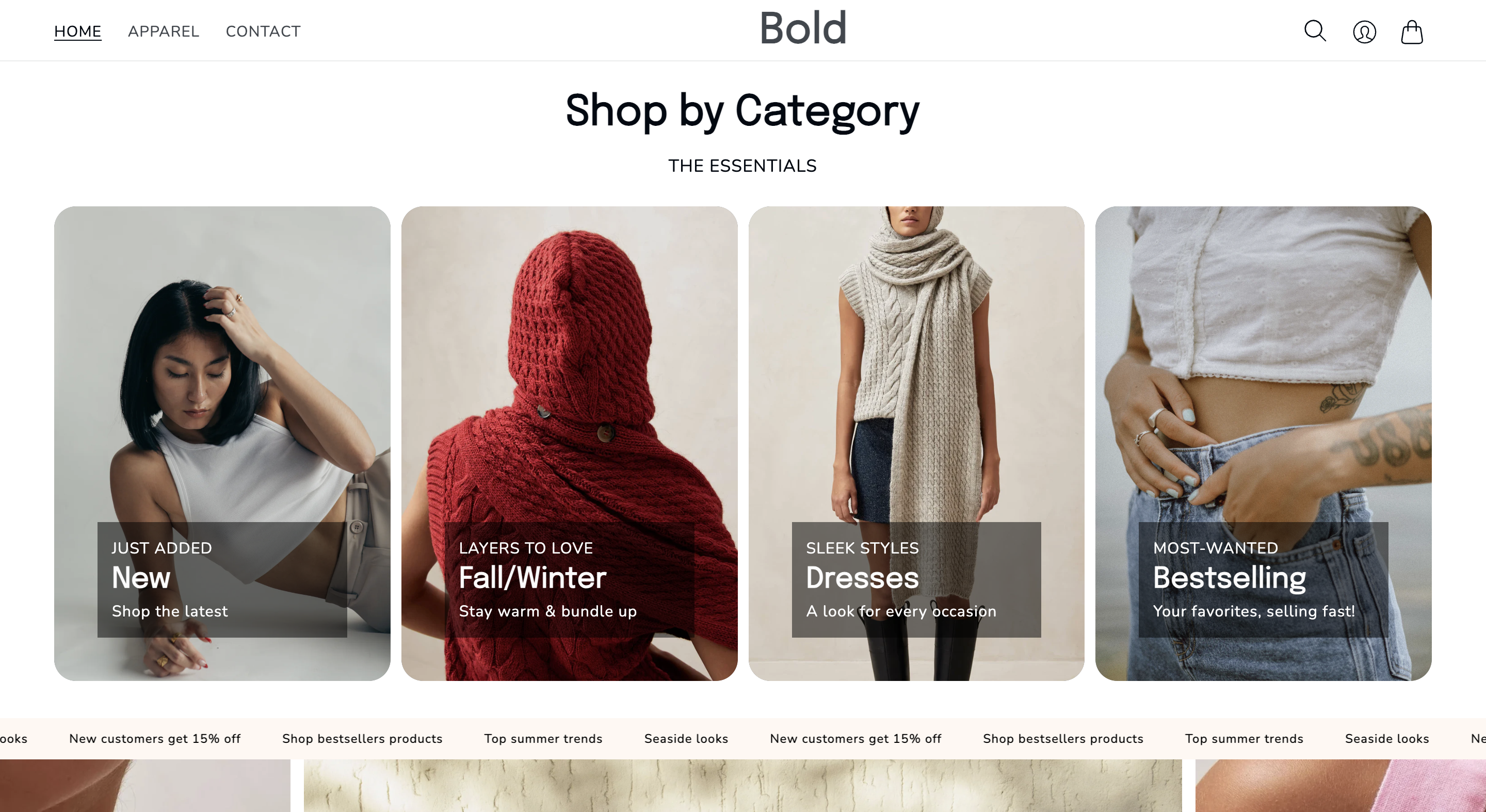 E-commerce storefront with shop by category product listings